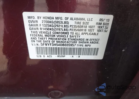 2013 Honda Pilot Ex-L z USA, uszkodzony, nr VIN 5FNYF3H54DB035957